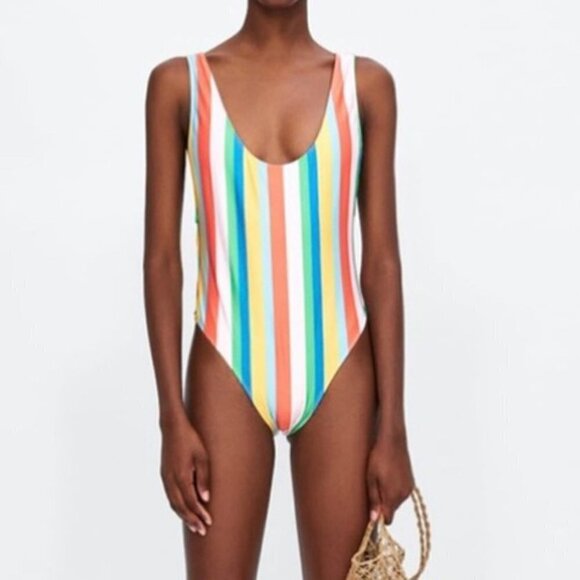 Zara Womens S Swimsuit One‎ Piece Stripe Multicolor Cheeky Rainbow Vertical - Picture 1 of 10